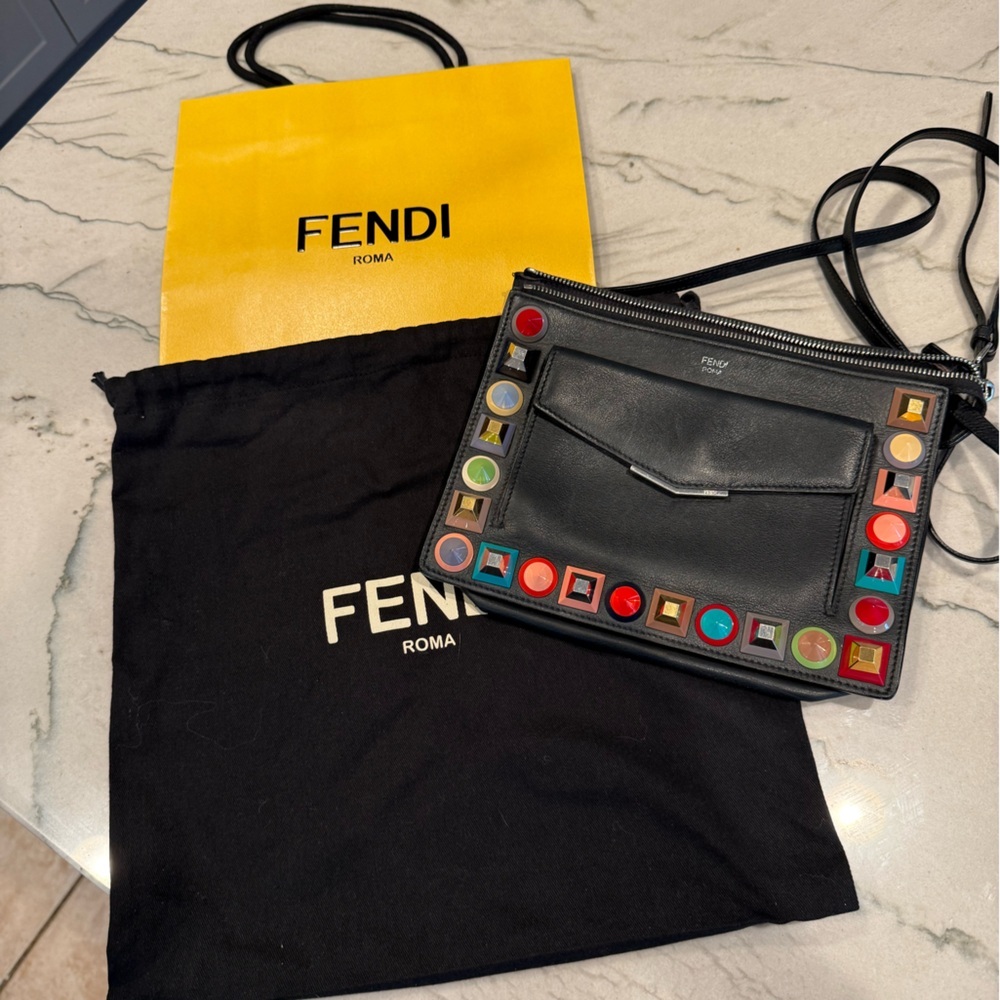 Fendi Vitello Dolce Studded Mini 2Jours Pouch Navy Multicolor Crossbody Clutch - Picture 2 of 16